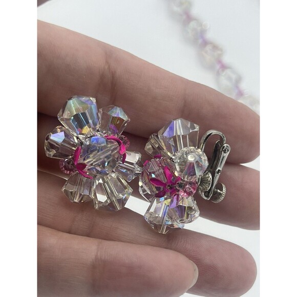 Vintage Vendome Aurora Borealis Crystal Fuschia Metal Necklace Earring Set Rare - Picture 10 of 15